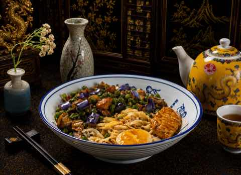 Noodles with eggplant, minced pork and a soft egg